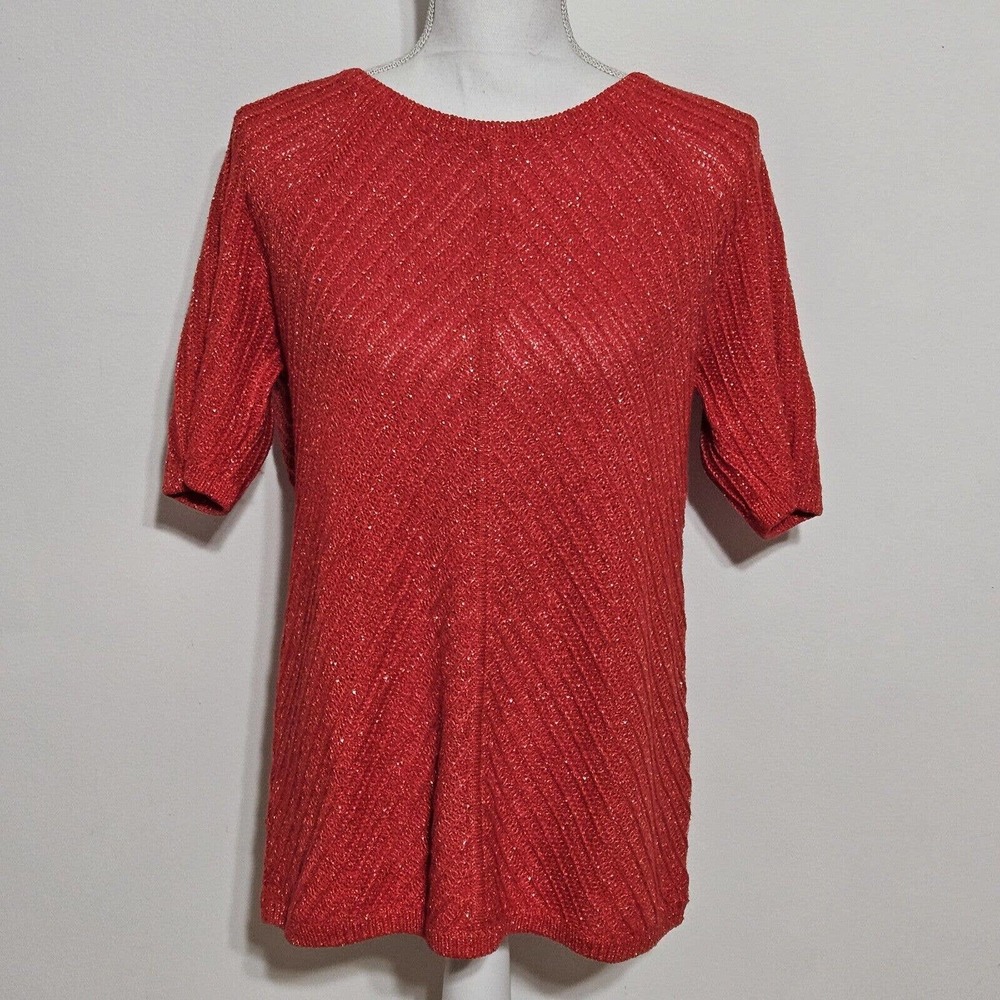 Talbots Short Sleeve Sweater Sz L Knit Red Gold Metallic Top